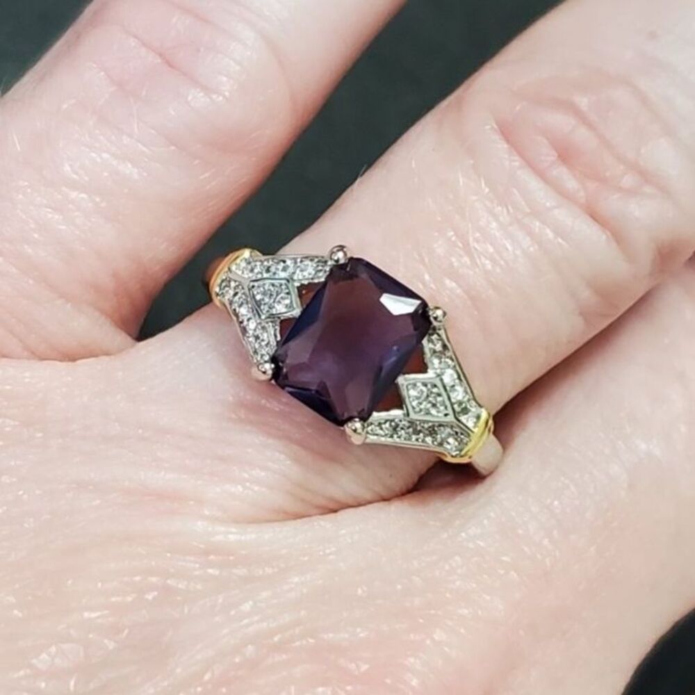 Sterling silver with gold purple rhinestone ring size 8